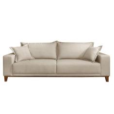 Sofá 3 Lugares Almofada Solta Base Madeira Veludo Bege Claro Mila 1,8m