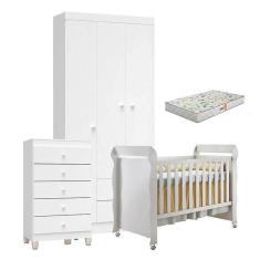 Quarto De Bebê 3 Portas Com Gaveteiro Ternura Baby E Berço Mirelle Branco Brilho Com Colchão Gazin - Incorplac