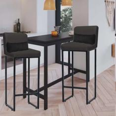 Kit 02 Banqueta Alta com Encosto Lucca Industrial Cozinha Balcão Ferro Preto Corino Cinza e Almofada Preto - Ahazzo Móveis