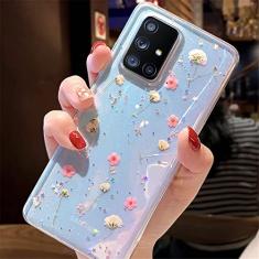 Estojo de flores secas reais com glitter transparente para Samsung S21 Plus S21Ultra S10E A72 A52 A42 A32 A12 A21 A20S A91 A81 A90 A80 Capa macia, rosa, para A52