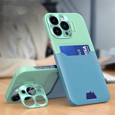 Capa de telefone de suporte de cartão de couro de luxo com suporte invisível para iPhone 14 13 12 Pro Max Mini Capa protetora de lente de metal, verde menta, azul lago, para iPhone 12 Mini