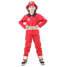 Fantasia Infantil Bombeiro Menino Traje Luxo com Capacete