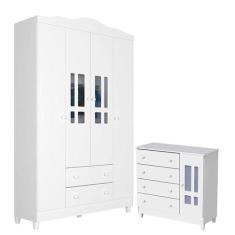 Cômoda e Guarda Roupa Infantil Ariel 4 Portas Branco Brilho - Carolina
