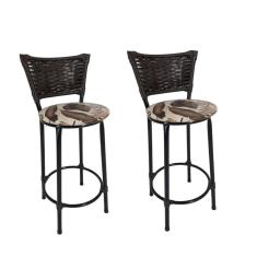Kit 2 Banquetas Altas Preta com Encosto Junco Argila Assento Floral Marrom