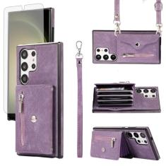 Capa de telefone para Samsung Galaxy S24 Ultra 5G capa carteira e protetor de tela de vidro temperado com alça transversal de pulso cordão suporte para cartão de crédito S24Ultra 24S S 24 24Ultra
