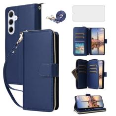 Asuwish Capa de celular para Samsung Galaxy A35 5G com protetor de tela de vidro temperado e carteira com zíper, compartimento para cartão, suporte, alça de pulso, acessórios para celular A 35 35A