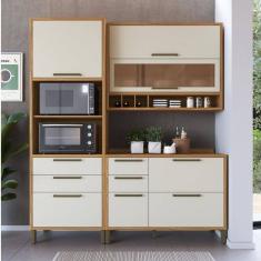 Cozinha Compacta 194cm com 3 Peças Vidro Reflecta e 1 paneleiro 100% MDF Vicenza Espresso Móveis Amêndoa/Off White