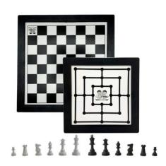 2 Jogos Xadrez Trilha + Tabuleiro Plástico 24cm 2 Em 1 Raciocínio - Ze