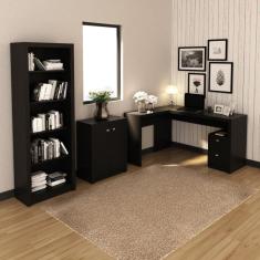 Conjunto Home Office 3 Peças 1 Escrivaninha em L 1 Estante 1 Balcão 2 Portas Tecno Mobili Preto