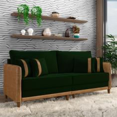 Sofá Living Montecarlo 3 Lugares Bipartido 232cm Pés Em Madeira Veludo-pu Verde-caramelo G33 Gran Belo