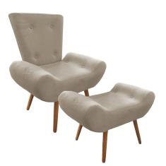 Kit Poltrona Decorativa Stefany com Puff Pés Madeira Suede Bege