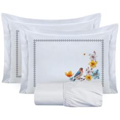 Jogo de Lençol Casal Padrão 3 Peças Percal 180 Fios 100% Algodão Nature (Pássaro)