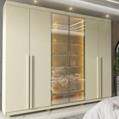 Guarda Roupa Casal com Vidro Reflecta LED e Pés 6 Portas 100 MDF Imperatriz Gelius - Off White