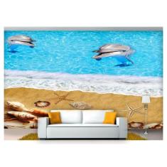 Papel De Parede Praia Golfinhos Estrela Mar 3D At44 - Você Decora