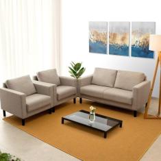 Conjunto Sofá 2 Lugares com USB e 2 Poltronas em Linho Antúrio CabeCasa MadeiraMadeira Bege