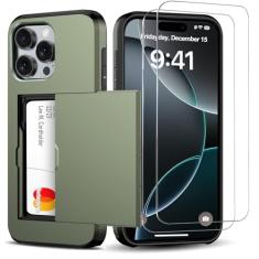 Benbenjaytek Capa carteira para iPhone 16 Pro com suporte para cartão + 2 protetores de tela de vidro temperado protetor à prova de choque com compartimento oculto para cartão, capa fina feminina e