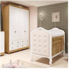 Quarto de Bebê com Guarda-roupa e Berço com Capitonê 100% Mdf Maya Clássico Espresso Móveis Branco Brilho/Amêndoa/Branco