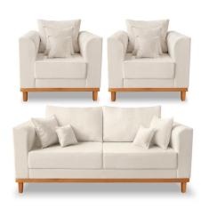 Kit Sofá 3 Lugares e 2 Poltronas Beny Viena Linho Bege - Madeira Prima