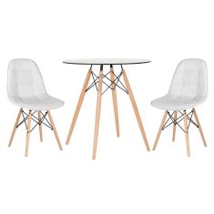 Mesa Eames 70 cm com tampo de vidro + 2 cadeiras Eames Botonê