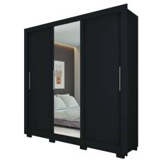 Guarda Roupas Casal com Espelho 3 Portas de Correr 2 Gavetas Vitória Preto Caemmum