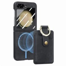 Carteira de couro magnética com porta-cartão capa de telefone para Samsung Galaxy Z Flip 5 Flip5 5G suporte de anel capa dura à prova de choque, preta, para Galaxy Z Flip5