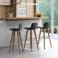 Kit 3 Banquetas Altas Luxo Versatil Aço Champanhe Linho Preto Base Carvalho 