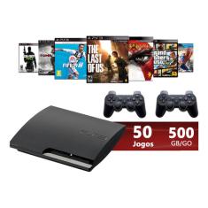 Sony Playstation 3 Super Slim 500gb Standard +50 Jogos + 2 Controles + Minecraft + Gta + Naruto PlayStation 3