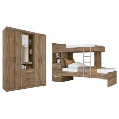 Quarto Completo Solteiro Guarda Roupa 5 Portas e 3 Gavetas Havana Star 5.3 + Beliche Havana Plus Atacama-Jatobá - Santos Andirá