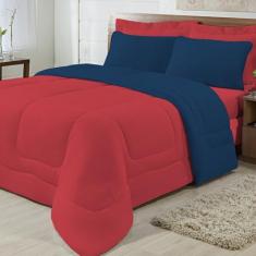 Edredom Solteiro Dupla Face Malha 100% Algodão 1 peça - Vermelho/Azul 