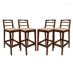Kit 4 Banquetas para Bancada Alta de Madeira Grécia Castanho Linho Bege CCS