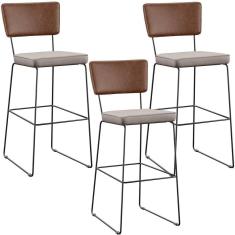 Kit 03 Banqueta Alta Cozinha Allana L02 Marrom Linho Bege