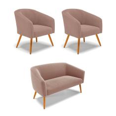 Namoradeira e 2 Poltronas Pé Palito Castanho Stella Bouclê Rosê D03 - D`Rossi