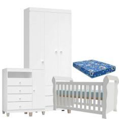 Quarto de Bebê 3 Portas Ternura Baby com Berço Lara Branco Brilho com 