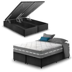 Cama Box Com Baú King Preto + Colchão Molas Ensacadas Miami Cinza Com Preto