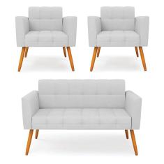 Kit 1 Sofá Namoradeira e 2 Poltronas Elisa Linho Pés Palito Castanho - D`Rossi