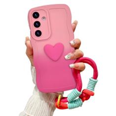 Tcaraersing Capa ondulada gradiente para Samsung Galaxy S24 com cordão de pulso fofo amor coração ondulado design de moldura ondulada cor sólida capa à prova de choque de silicone macio para meninas e