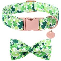 DOGWONG Coleira de cachorro do Dia de São Patrício - Coleira de cachorro com trevos fofos com laço, coleiras de algodão com fivela de metal para cães pequenos, médios e grandes