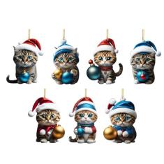 7 peças de enfeite de Natal de gato, enfeites de animais 2D para árvore de Natal, figuras de gato, enfeites decorativos pendurados, conjunto de enfeites de Natal para parede, porta, espelho retrovisor