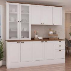 Cozinha Modulada Compacta 4 Peças com Armário Aéreo 2 Portas Vidro 100% Mdf com Tampo Branco/Tampo Ébano