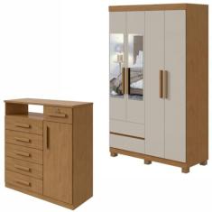 Conjunto de Guarda-roupa 4 Portas com Espelho e Pés Zeus e Cômoda Da Vinci Amêndoa Clean/off White