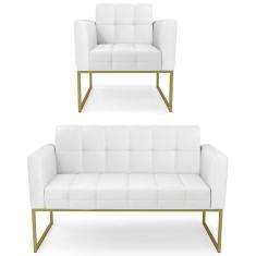 Sofá Namoradeira E 1 Poltrona Base Industrial Dourado Ana Sintético Branco - Ibiza