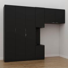 Guarda Roupa Modulado de Solteiro com Mesa de Cabeceira Esquerda 7 Portas 3 Peças Hera Cabecasa Made Preto/Cromado