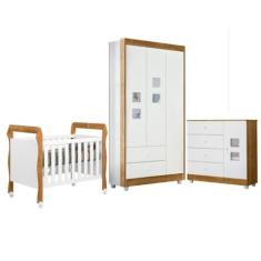 Quarto de Bebê com Berço Mini Cama, Cômoda 1 Porta 4 Gavetas e Roupeiro 100% Mdf 3 Portas 2 Gavetas Branco/madeirado Ypê