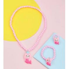 Kit Conjunto Colar e Pulseira Anel Infantil para Meninas Pérolas Branc