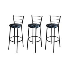 Jogo 3 Banqueta Alta Para Cozinha Epoxi Preta Estofado Floral - Lamar 