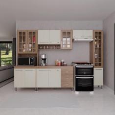 Cozinha Modulada Completa Fidelitá Paris 5 Peças 295cm 12 Portas 3 Gavetas Com Tampo Nogal/salinas