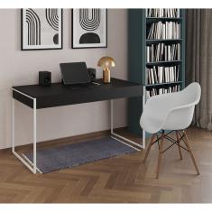 Escrivaninha Home Office Estilo Industrial Preta 137X53Cm Ferro Branco Com 1 Poltrona Branca Preto