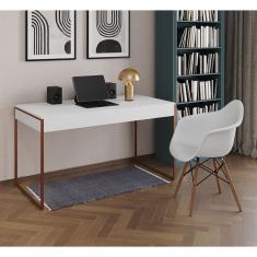 Escrivaninha Home Office Estilo Industrial Branca 137X53Cm Base Cobre Com 1 Poltrona Branca
