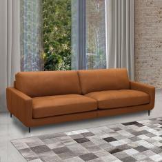 Sofá Decorativo Isaac 3 Lugares Sala De Estar 240cm Pés Em Aço Couro Conhaque