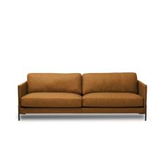 Sofá Decorativo Karine 3 Lugares Sala De Estar 210cm Pés Em Aço Couro Caramelo Manchado